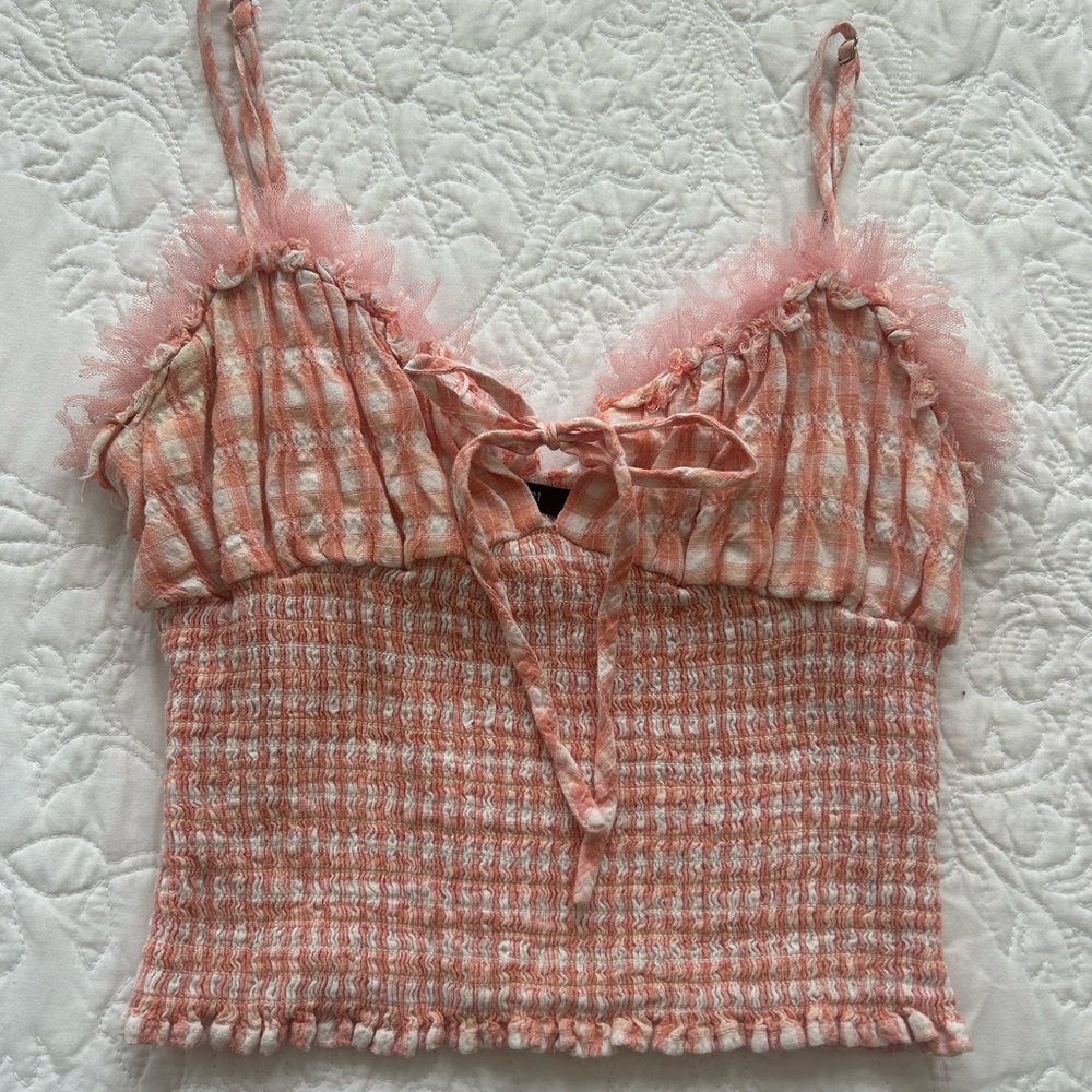Sleeveless Pink Knit Crop Tank with Upcycled Trim